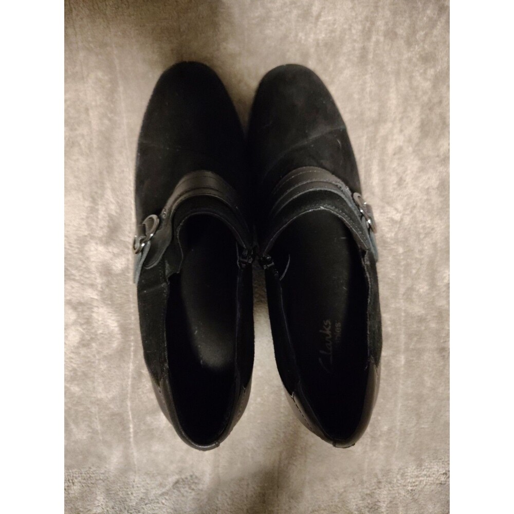 Clarks Women's Block Heel Pumps Black Leather Suede Buckle Zip Closed Toe